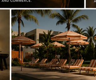 Poolside cabanas with striped umbrellas