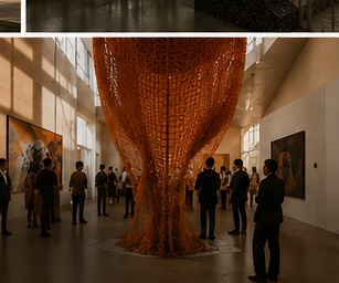 Curated exhibition — guests around a monumental sculpture